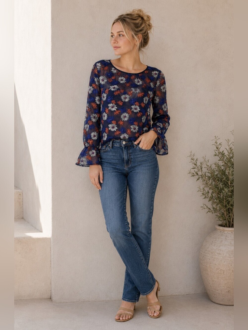 Ella Moss Sheer Organza Floral Embroidered Top S Boho Romantic Blouse